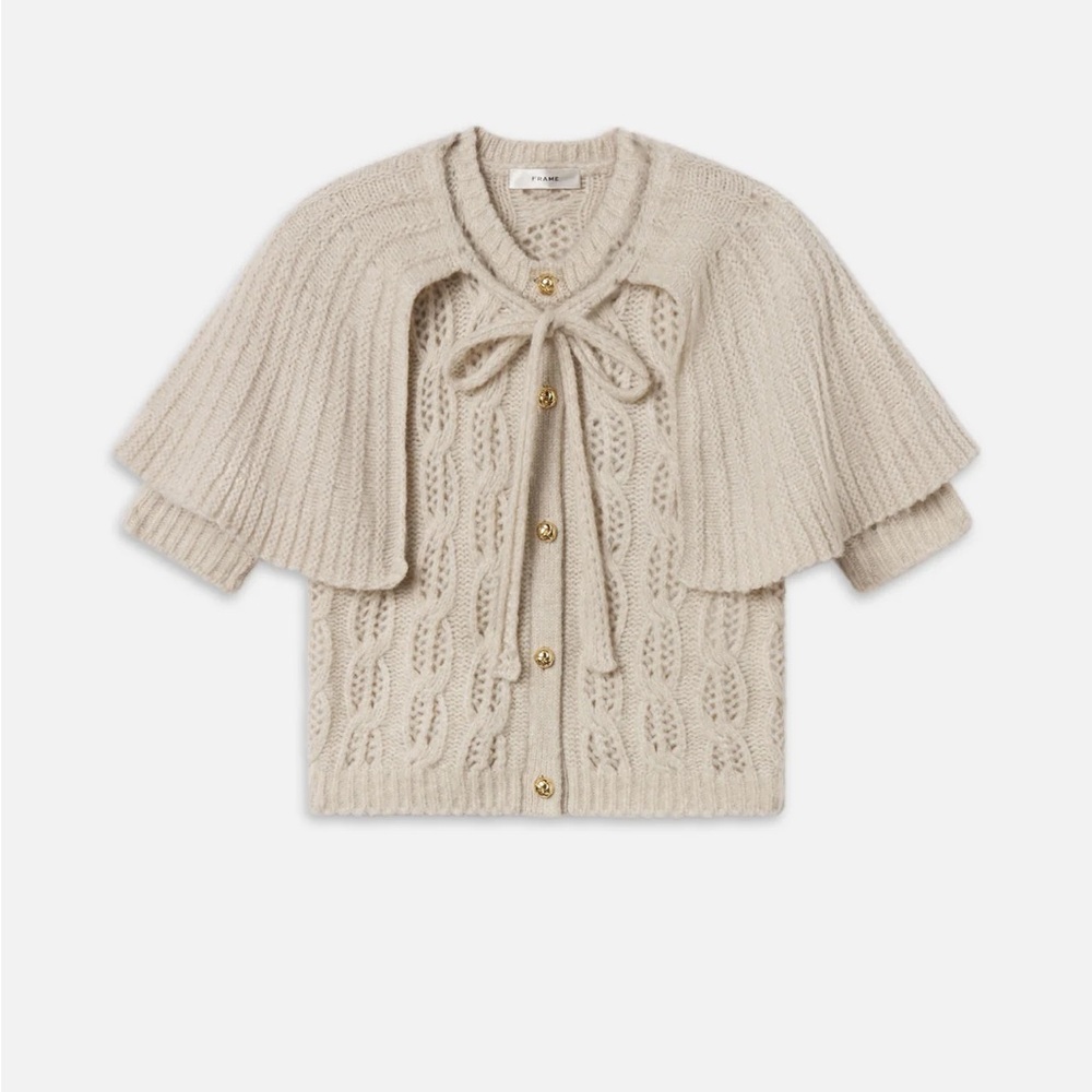 Frame Denim Cream Cable-Knit Cape Cardigan with Bow